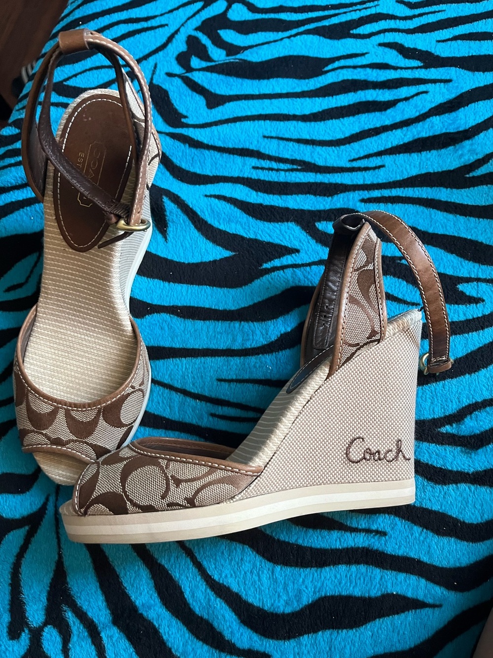 Coach Brown Signature Canvas Wedge Sandals with Ankle Strap